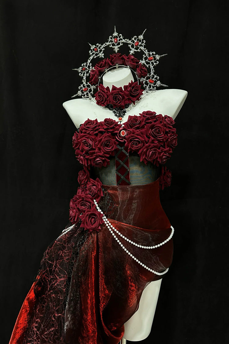 Red [Madame Red] Rose Off Shoulder Sleeveless Jacquard Pearl Detail Gothic Lolita Dress - Product - 6