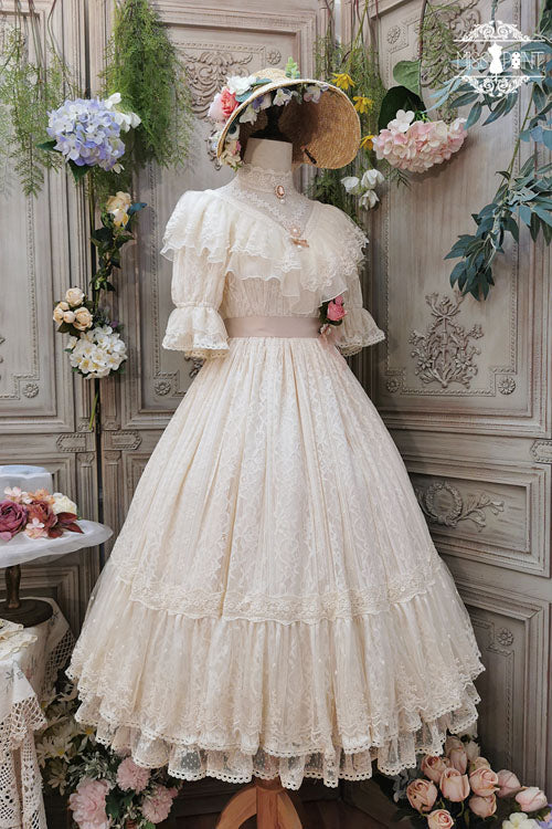 Elegant Vintage Rose Print Multi-Layer Ruffled Sweet Lolita OP Dress - Ivory - 18