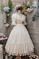 Elegant Vintage Rose Print Multi-Layer Ruffled Sweet Lolita OP Dress - Ivory - 18