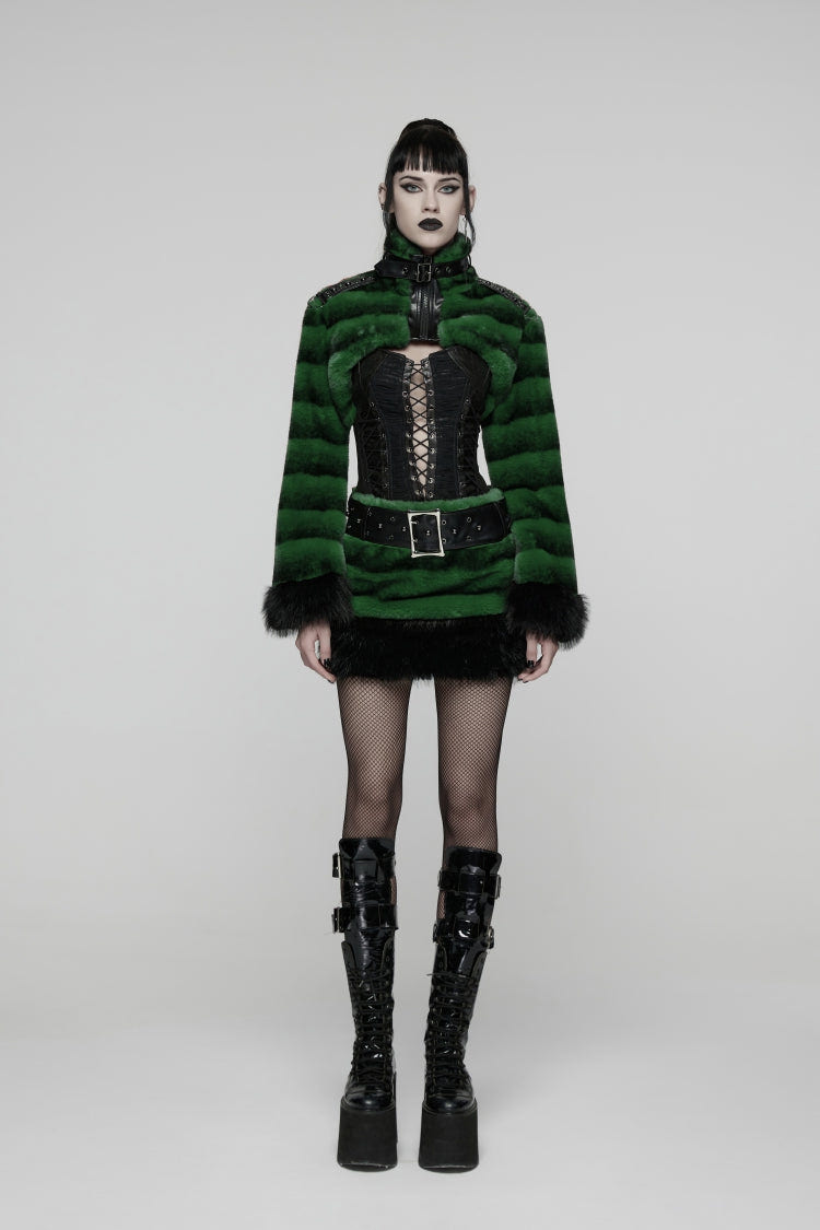 Green Women's Punk Faux Fur Skirt with Belt - Product - 9