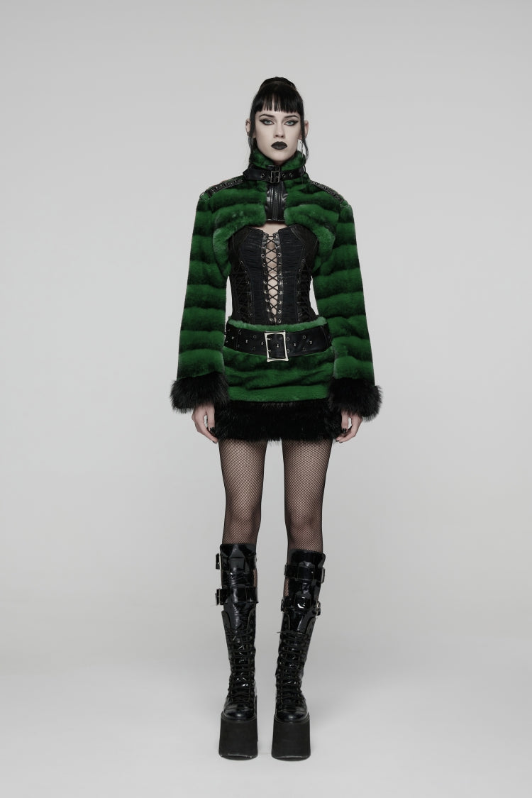 Green Women's Punk Faux Fur Skirt with Belt - Product - 9