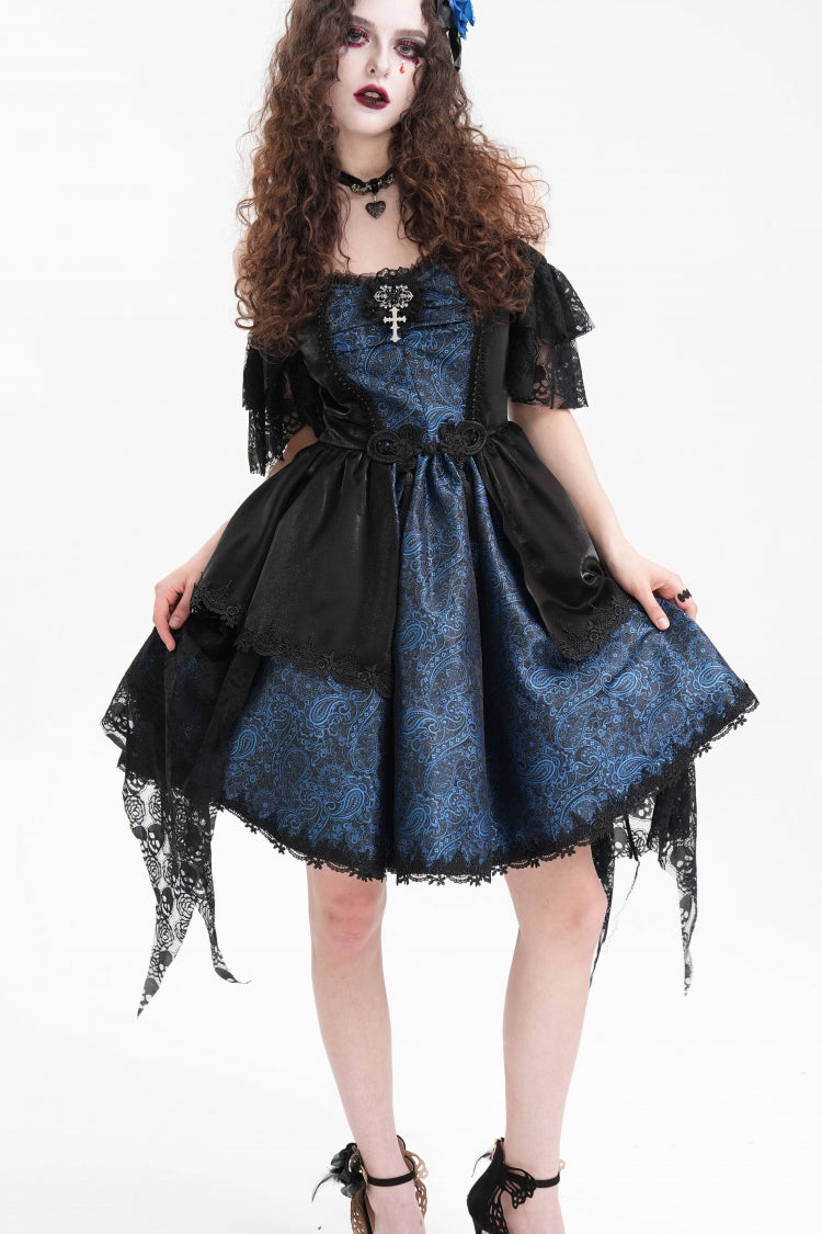 Blue Halterneck Lace Lace-Up Irregular Hem Women's Gothic Dress - Product - 8