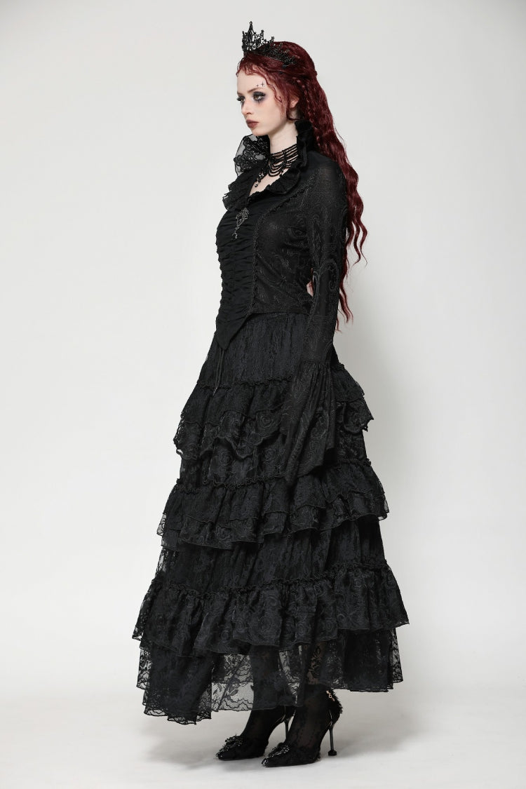 Black Lace Ruffled V Stand Collar Long Flared Sleeves Jacquard Women's Gothic Blouse - Product - 2
