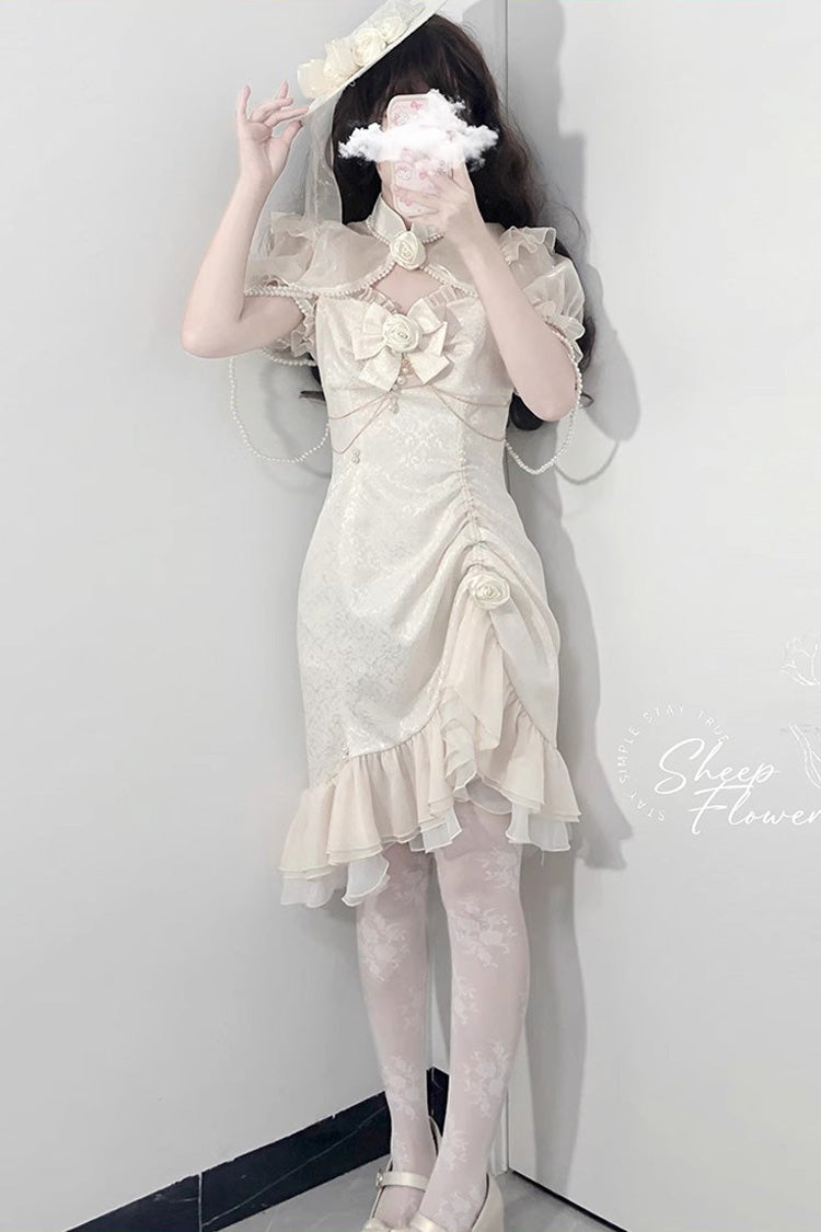 White [Camellia 2.0] Sleeveless Jacquard Ruffle Lace Asymmetric Sweet Chinese Style Fishtail Lolita Jsk Dress - Product - 2