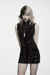 Black/Red Stand Collar Sleeveless Jacquard Lace Slim Fit Buckled Women's Punk Luxurious Dress - Product - 8