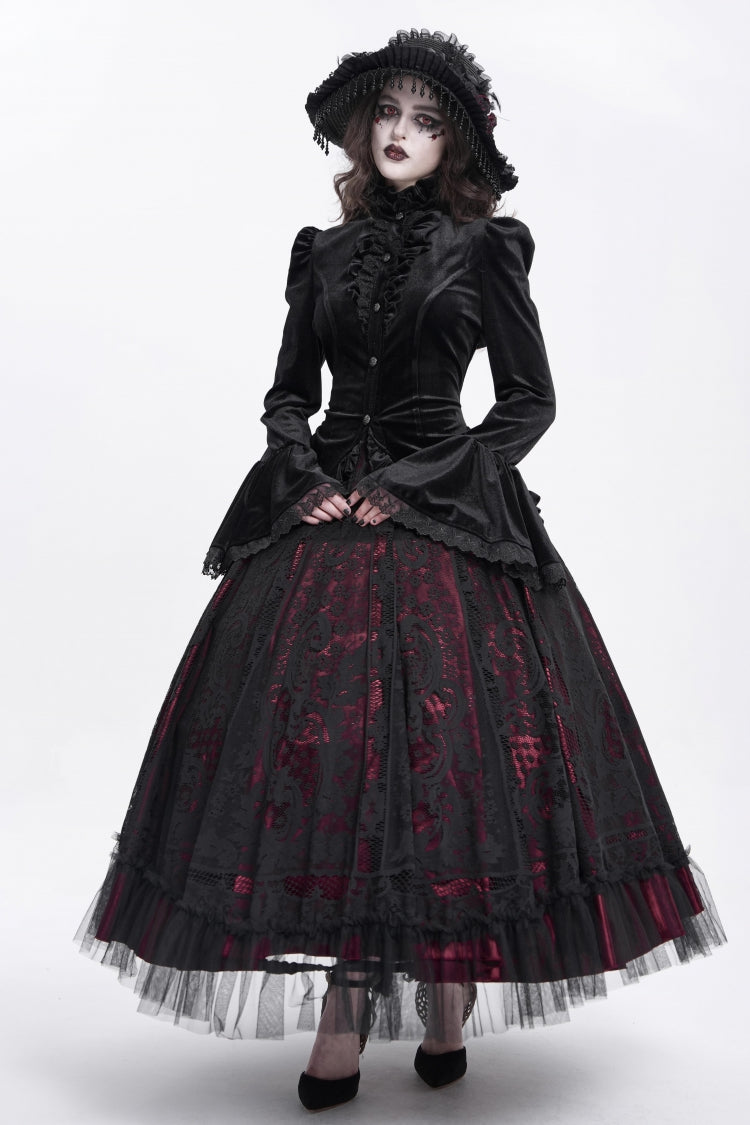 Black Stand Collar Long Trumpet Sleeves Ruffle Swallow-tailed Women's Gothic Blouse - Product - 7