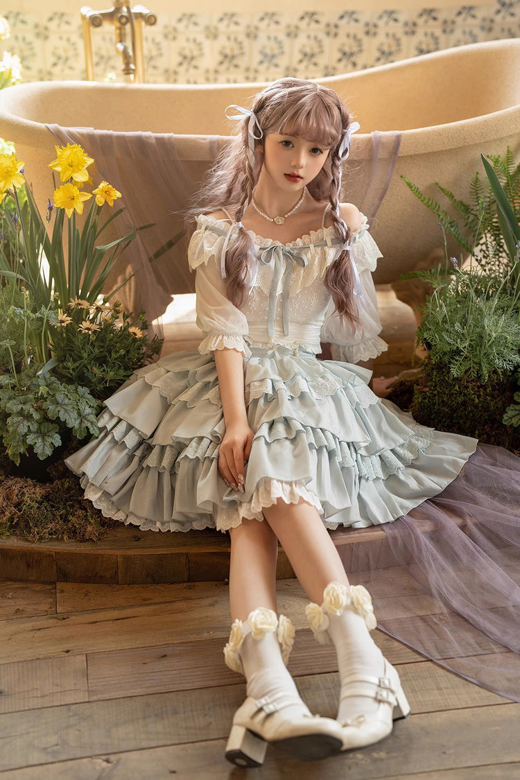 White/Blue Flower Language Multi-layer Ruffle Sweet Lolita Skirt Set - Product - 5