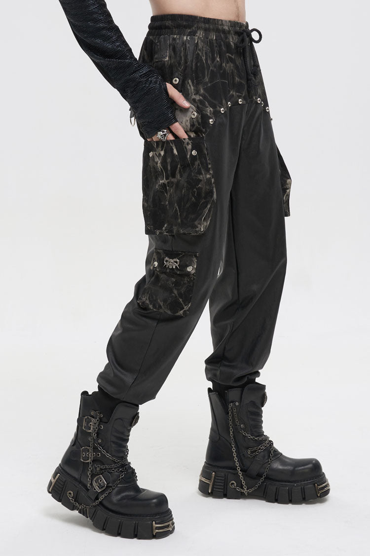 Black Tie Dyed Splice Hand Painted Waist Drawstring Men's Gothic Pants - Product - 3