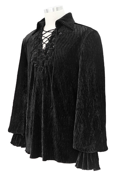 Black Velvet Elastic Lantern Sleeves Mens Gothic Blouse - Product - 5