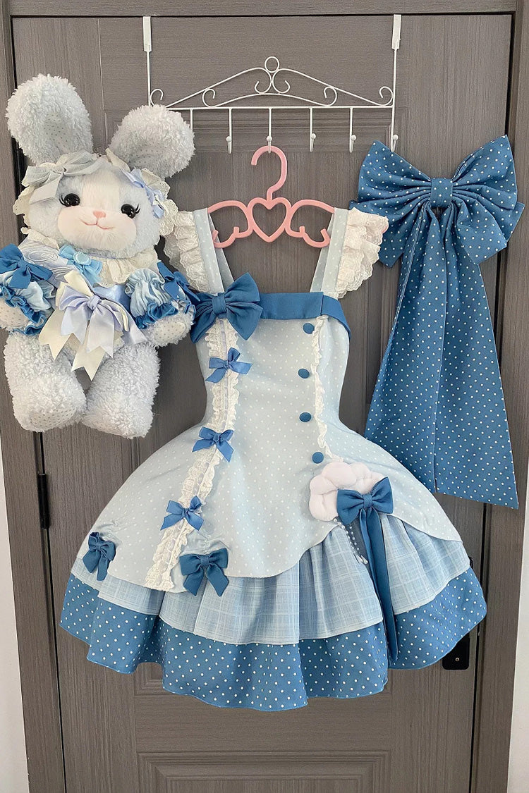 Blue [Glass Bottle] Square Collar Sleeveless Triple-Layered Printed Ruffled Bow Asymmetric Sweet Lolita Jsk Dress - Product - 5