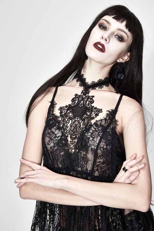 Black Mysterious Night Transparent Lace High Waist Sexy Halter Long Gothic Womens Dress - Product - 7
