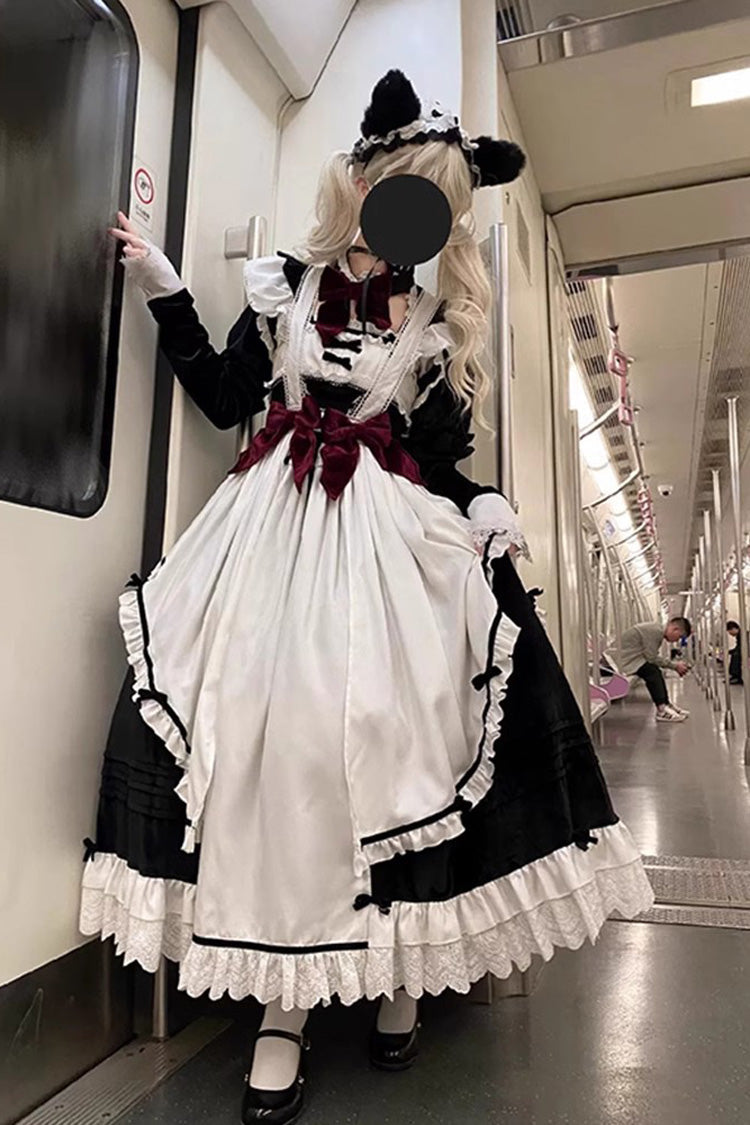 White/Black Apron Maid Ruffle Gothic Princess Lolita Jsk Dress Set - Product - 4