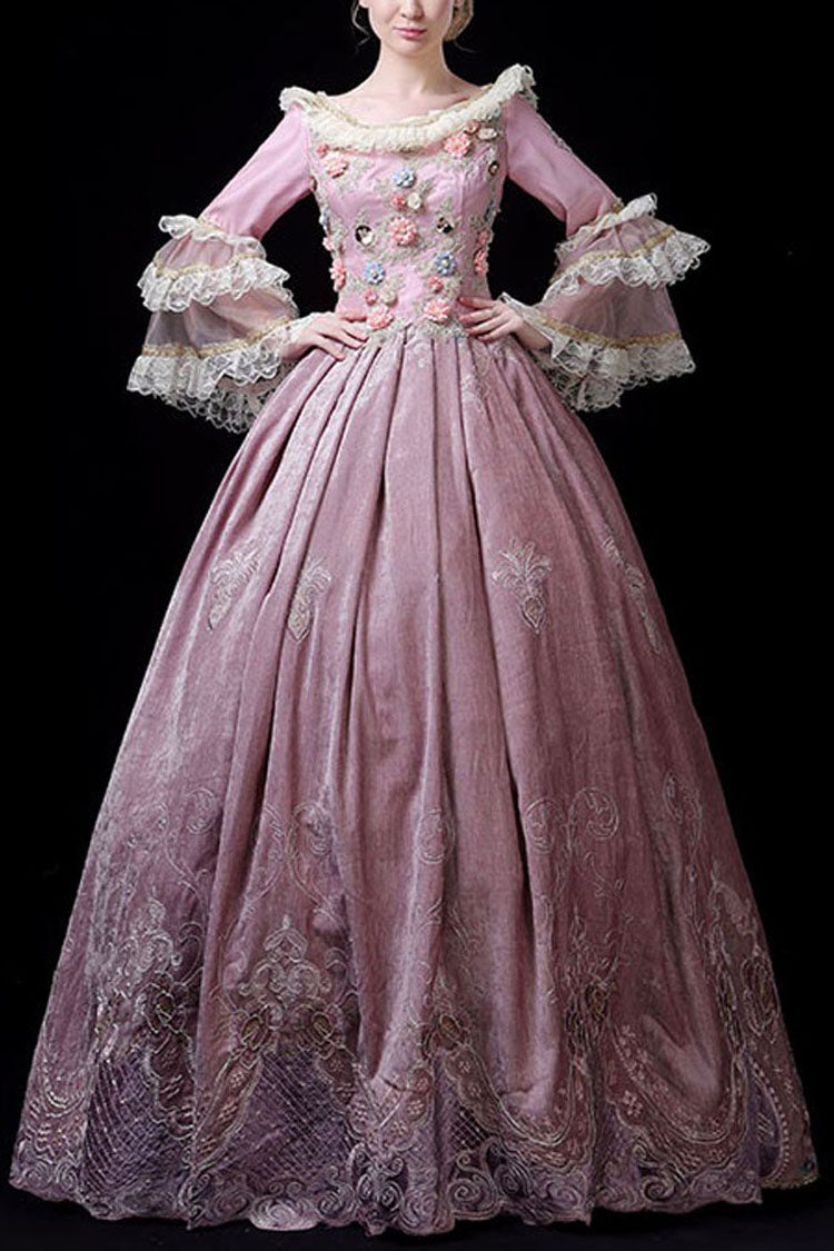 Pink Multi-Layer Trumpet Sleeves High Waisted Three Dimensional Flower Hollow Embroidery Print Victorian Lolita Prom Dress - Pink - 1