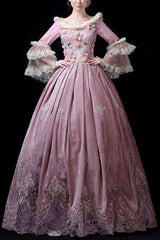 Pink Multi-Layer Trumpet Sleeves High Waisted Three Dimensional Flower Hollow Embroidery Print Victorian Lolita Prom Dress - Pink - 1