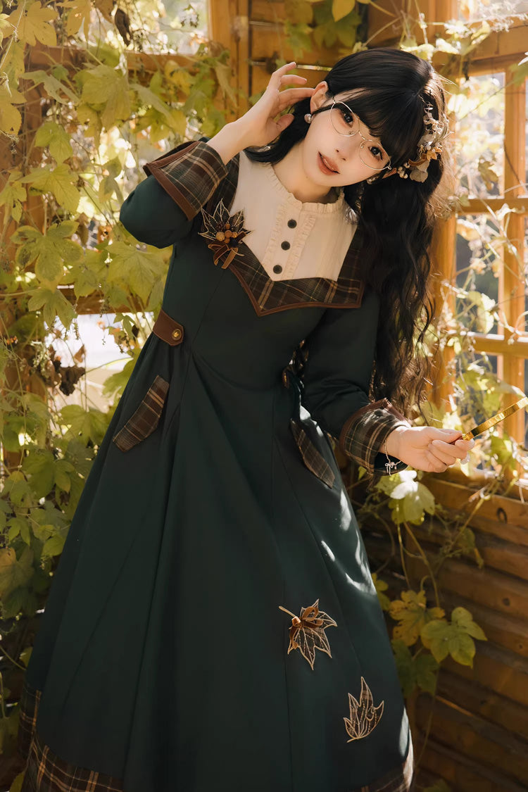 Green [Autumn Chronicles] Round Collar Long Sleeves Printed Embroidered Spliced Slim Sweet Lolita Dress - Product - 3