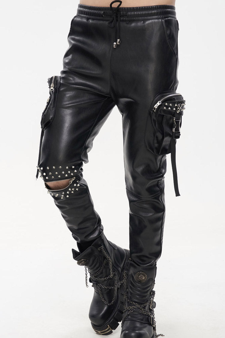 Black Punk Leather Metal Rivets Zipper Stereoscopic Side Pockets Men's Pants - Product - 2
