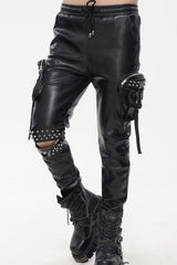 Black Punk Leather Metal Rivets Zipper Stereoscopic Side Pockets Men's Pants - Product - 2