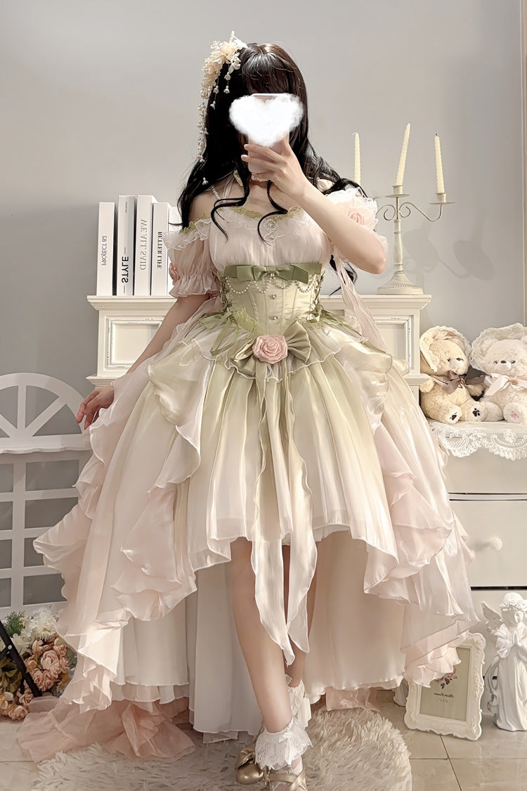 Light Pink and Green Bowknot Irregular Sweet Princess Lolita JSK Dress