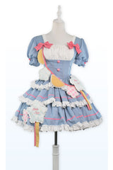 Blue/Pink Garden Party Short Puff Sleeves Multi-layer Ruffle Bowknot Sweet Lolita Dress - Product - 4