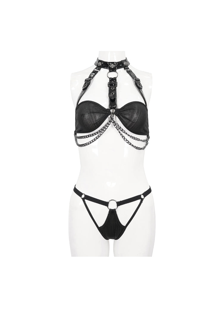 Black Detachable Hanging Neck Vertical Grain Texture Women's Punk Fun Suit - Product - 6