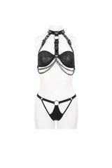 Black Detachable Hanging Neck Vertical Grain Texture Women's Punk Fun Suit - Product - 6