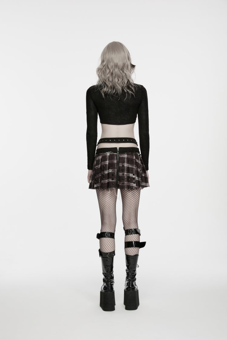 Black High Collar Long Sleeves Patchwork Slim Fit Women's Punk Cool Crop Top - Product - 3