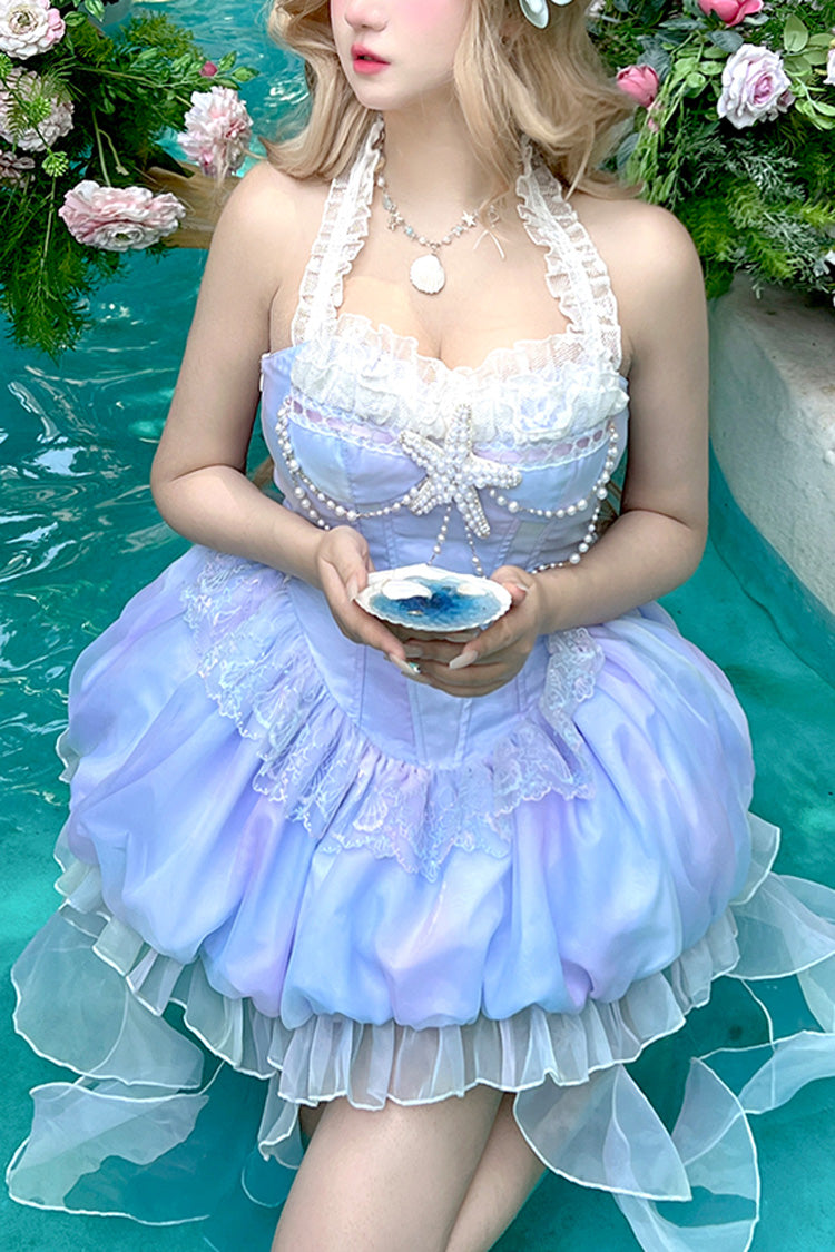 Blue [Starlight Jellyfish Princess] Halterneck Sleeveless Ruffle Lace Sweet Lolita Jsk Dress - Product - 10
