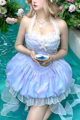 Blue [Starlight Jellyfish Princess] Halterneck Sleeveless Ruffle Lace Sweet Lolita Jsk Dress - Product - 10