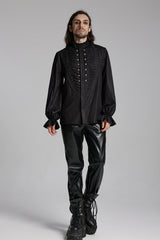 Black Long Sleeves Ruffle Beast Buckle Men's Gothic Blouse - Product - 4