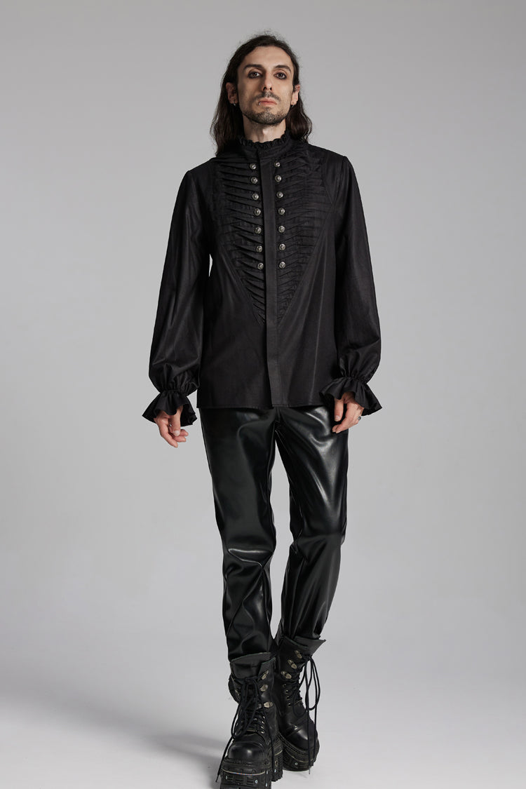 Black Long Sleeves Ruffle Beast Buckle Men's Gothic Blouse - Product - 4
