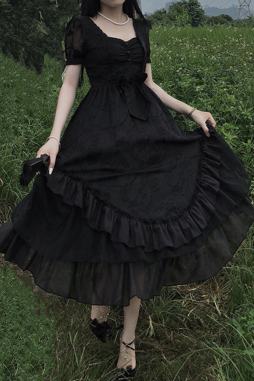 French Elegant Print Multi-Layer Ruffled Short Sleeve Classic Lolita Dress - Black - 5