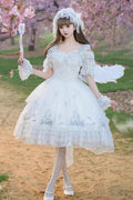 White Love Is Coming Multi-layer Ruffle Embroidery Bowknot Sweet Princess (Set) front view