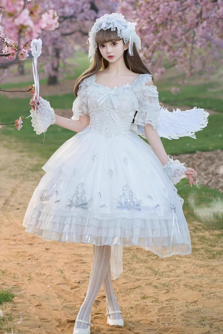 White [Love Is Coming] Multi-layer Ruffle Embroidery Bowknot Sweet Princess Lolita Jsk Dress - White - 1