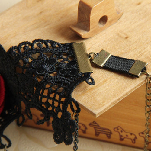 Black Retro Fashion Female Gothic Lolita Lace Red Rose Ruby Bracelet - Product - 4