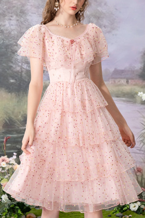 Pink Round Collar Ruffled Short Sleeves Polka Dot Print Sweet Lolita Tiered Dress - Pink - 1