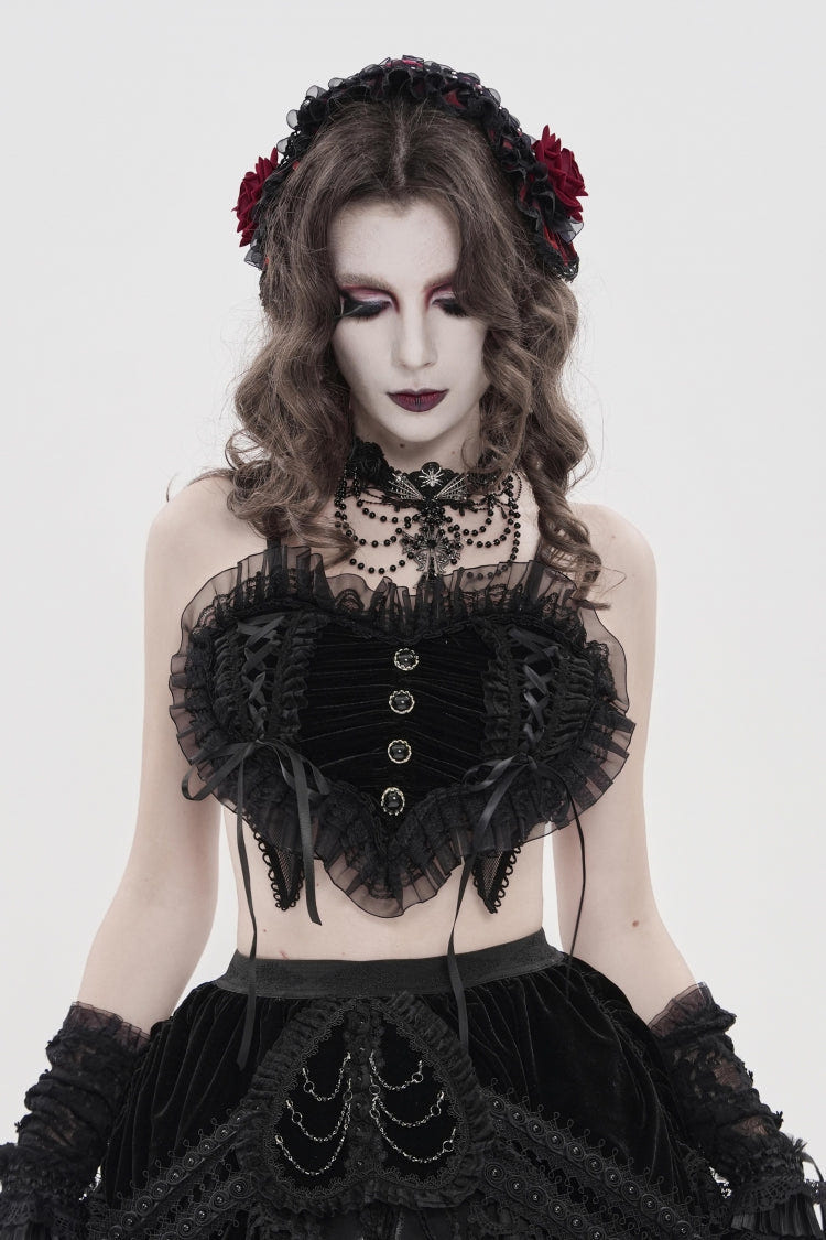 Black Off Shoulder Bow Lace Lace-Up Women's Gothic Ruffled Corset - Product - 9