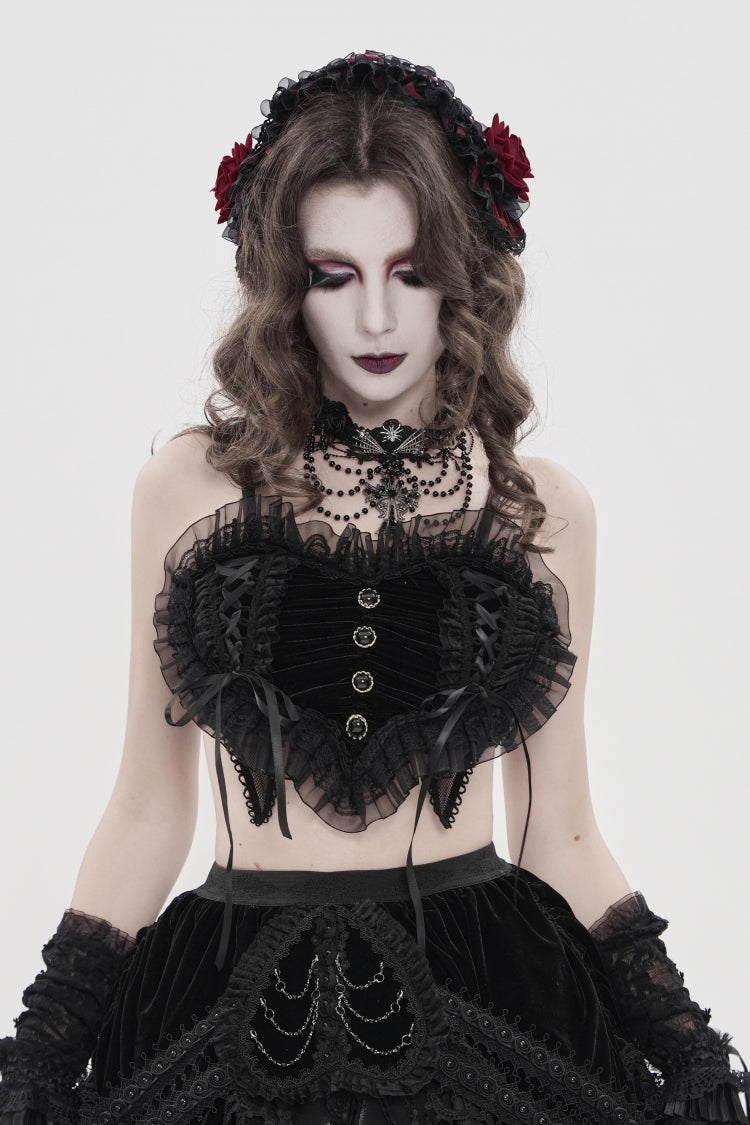 Black Off Shoulder Bow Lace Lace-Up Women's Gothic Ruffled Corset - Product - 9