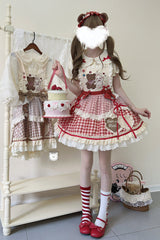 Rabbit Bear Diary Plaid Print Ruffle Bowknot Sweet Lolita Skirt 2 Colors (Blouse Included) - Product - 4