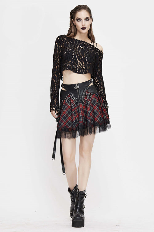 Black And Red Punk Lace Up Scottish Plaid Womens Skirts With Bag - Product - 4
