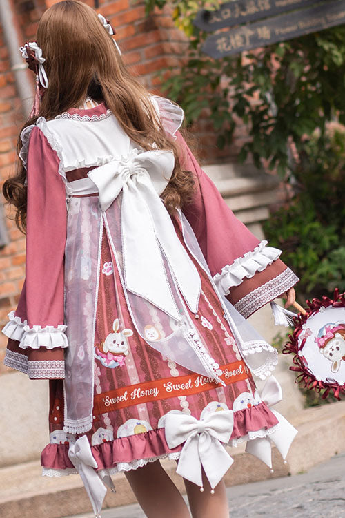 Dark Red Cat Print Chinese Style Bowknot Ruffled High Waisted Long Trumpet Sleeves Sweet Lolita OP Dress - Product - 4