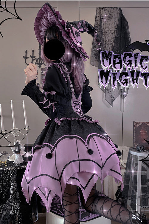 Black / Purple Round Collar Ruffled Long Sleeves Waist Irregular Hem Imp Sweet Lolita OP Dress Full Set - Product - 7