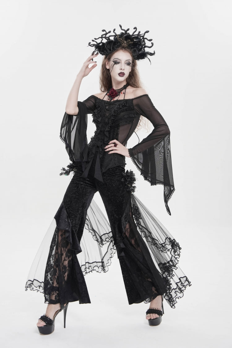 Black Embroidered Lace Women's Printed Mesh Floral Gothic Pants - Product - 4
