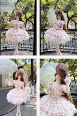 Pink [Cloudborne Snowfeather] Sleeveless Multi-Layered Hanayome Bowknot Pearl Gothic Lolita Jsk Dress - Product - 5