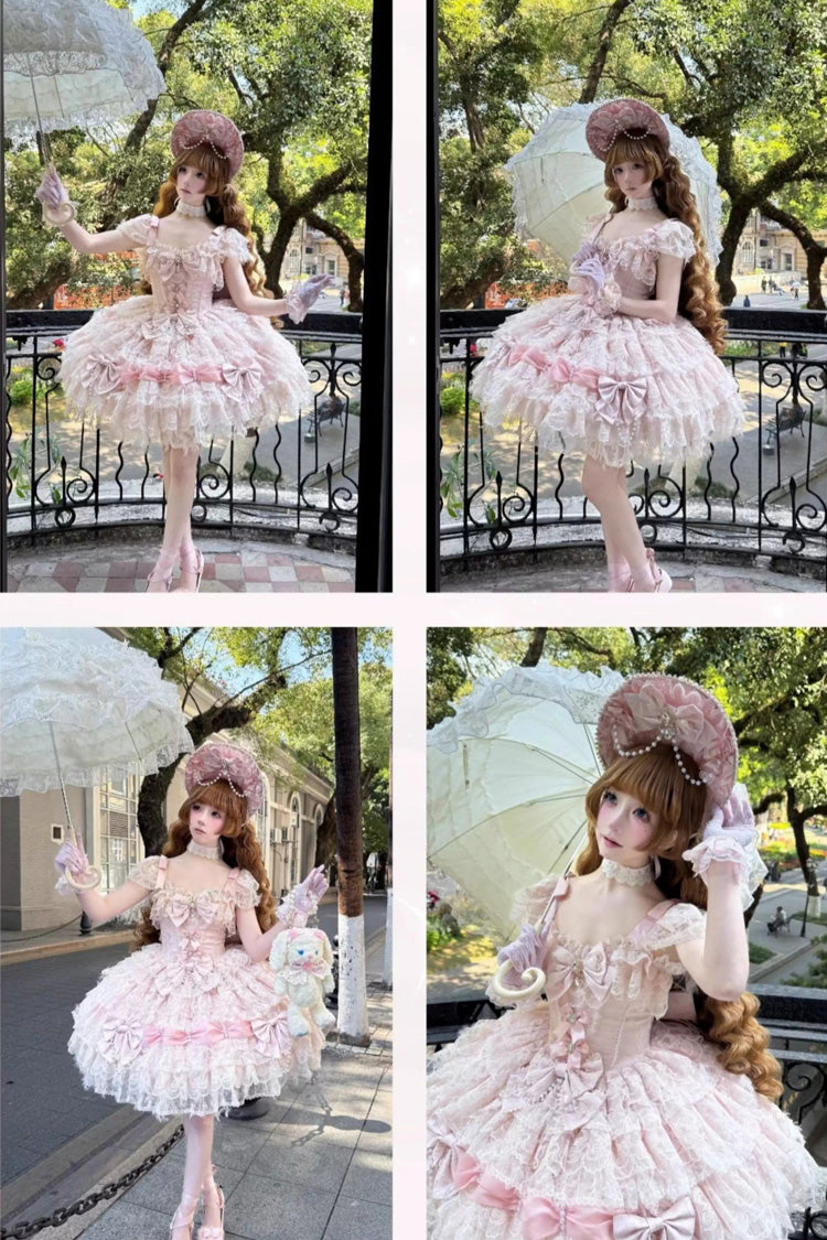 Pink [Cloudborne Snowfeather] Sleeveless Multi-Layered Hanayome Bowknot Pearl Gothic Lolita Jsk Dress - Product - 5