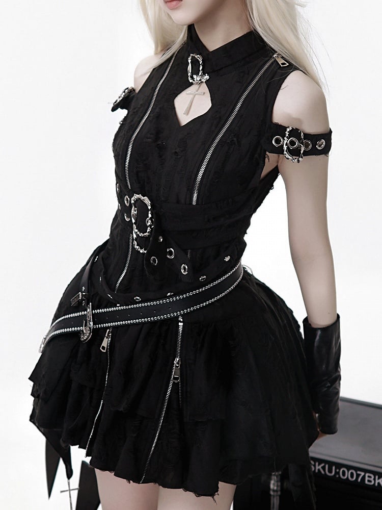 Black Gothic Metal Button Accent Asymmetric Hem Lolita Sleeveless Dress with Belt Set - view 11