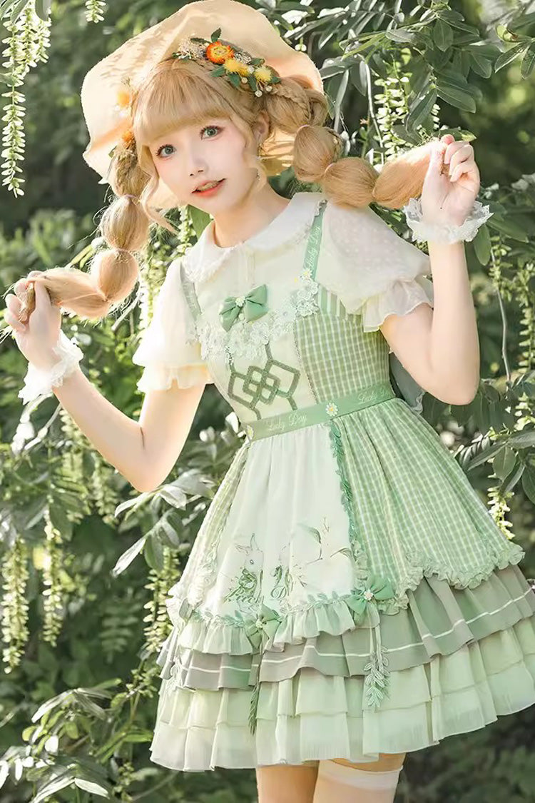 Green Multi-layer Print Ruffle Bowknot Country Style Sweet Lolita Jsk Dress (With Apron) - Product - 2