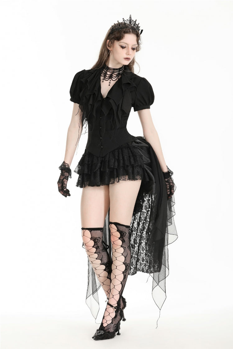 Black Multi-Layered Lace Women's Gothic Puffy Skirt with Detachable Swallow Tail - Product - 7
