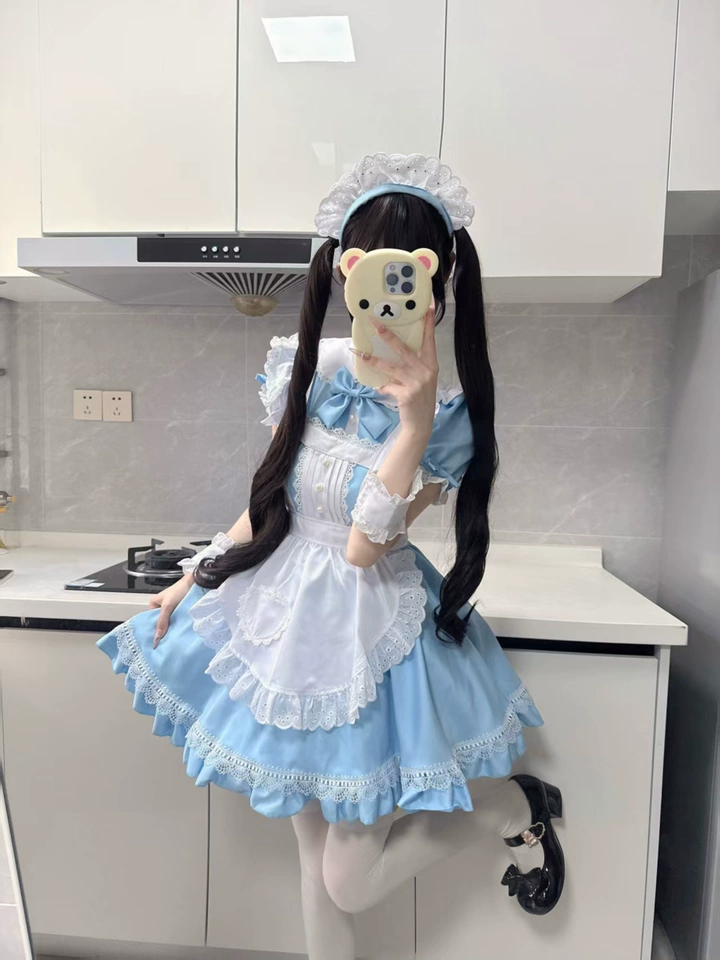 Blue and White Ruffled Maid Lolita Dress with Apron Bow Accent - view 2