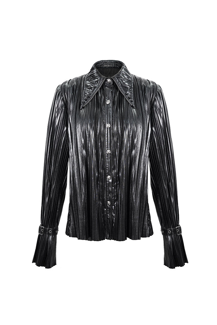 Black Metal Buckles Cuff Bright Pleated Pointed Collar Leather Loops Women's Punk Blouse - Product - 7