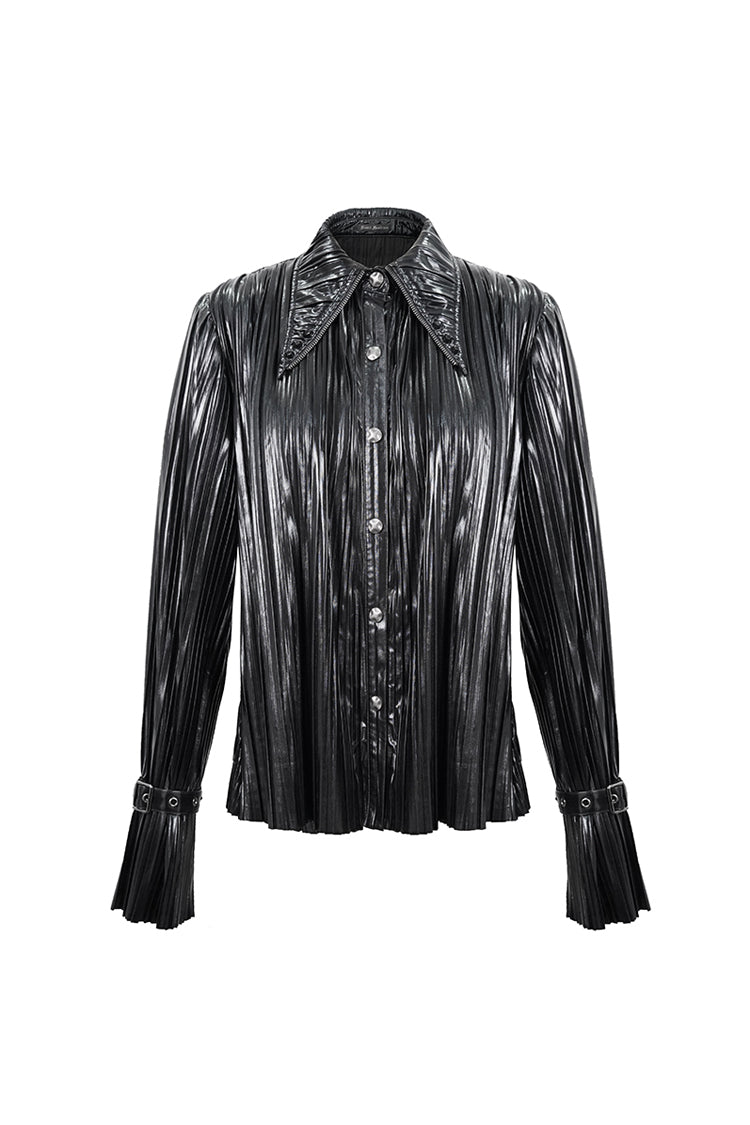 Black Metal Buckles Cuff Bright Pleated Pointed Collar Leather Loops Women's Punk Blouse - Product - 7